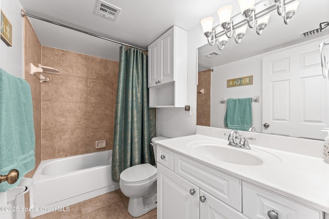 full bathroom featuring tile patterned flooring, toilet, shower / bathtub combination with curtain, and visible vents