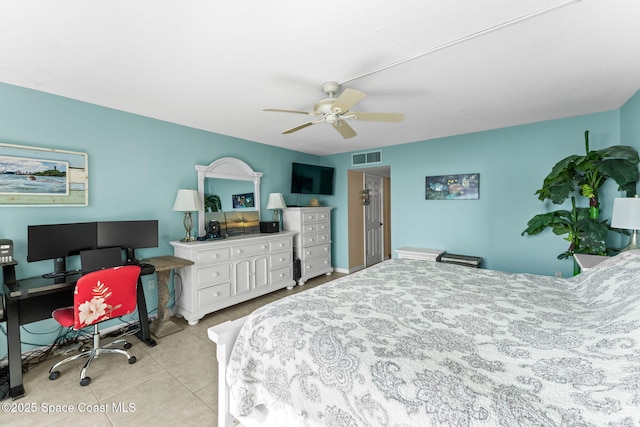 bedroom with tile patterned floors, visible vents, and a ceiling fan