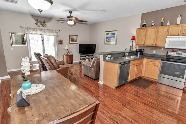 kitchen with sink, kitchen peninsula, appliances with stainless steel finishes, ceiling fan, and dark hardwood / wood-style flooring