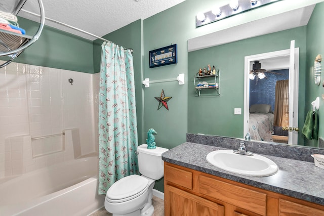 full bathroom featuring toilet, a textured ceiling, vanity, ceiling fan, and shower / tub combo