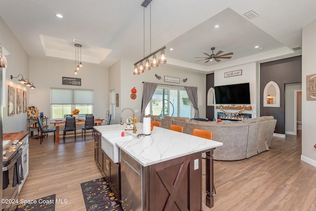 kitchen featuring decorative light fixtures, sink, a kitchen island with sink, and a tray ceiling