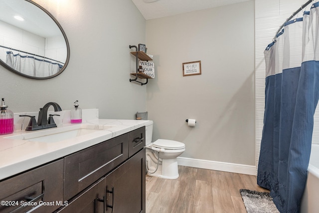 bathroom with hardwood / wood-style floors, vanity, and toilet