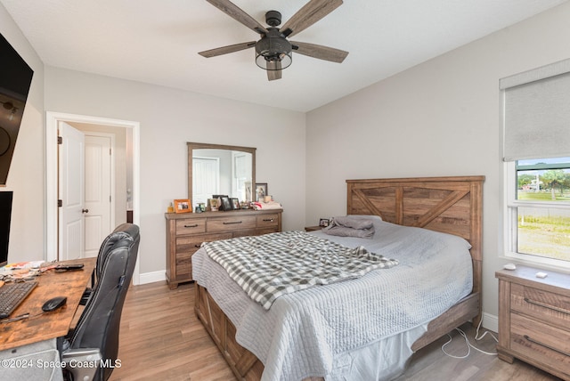 bedroom featuring ceiling fan and light hardwood / wood-style floors