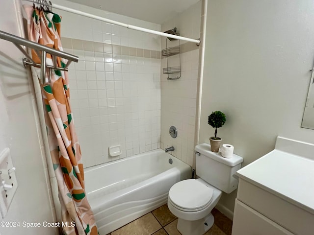 full bathroom featuring tile patterned flooring, vanity, shower / bath combination with curtain, and toilet