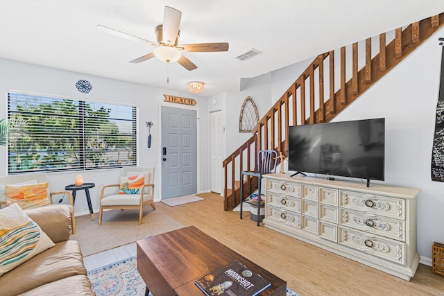 living room featuring hardwood / wood-style flooring and ceiling fan