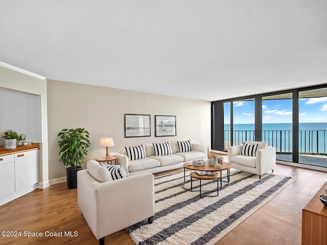 living room with a wall of windows, light hardwood / wood-style floors, and a water view