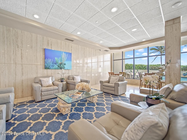 living room with a drop ceiling and carpet floors