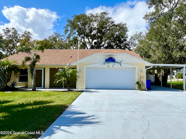 ranch-style house featuring a front lawn, a garage, and a carport