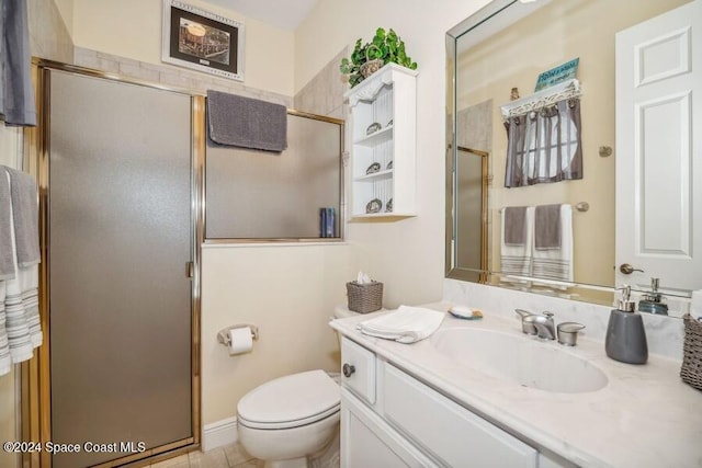 bathroom with tile patterned flooring, vanity, toilet, and a shower with door