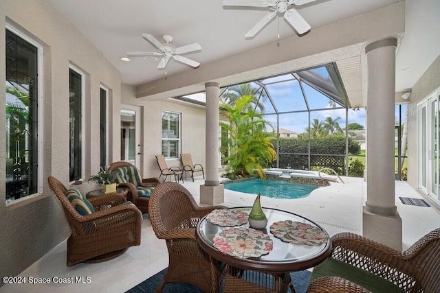 102 Wakefield Dr, Indian Harbour Beach, FL 32937 - sunroom featuring ceiling fan, a jacuzzi, and outdoor lounge area