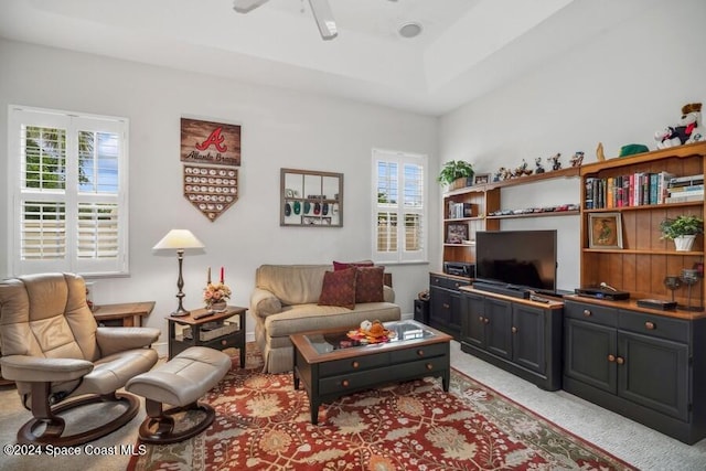 102 Wakefield Dr, Indian Harbour Beach, FL 32937 - living room featuring healthy amount of natural light, a ceiling fan, and light colored carpet