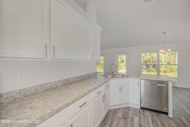 kitchen featuring stainless steel dishwasher, white cabinetry, sink, and light wood-type flooring