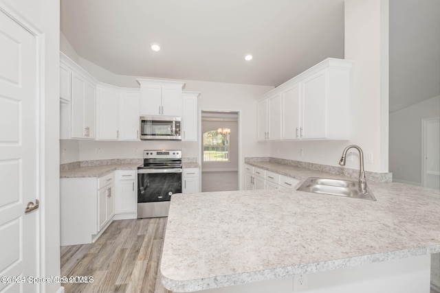 kitchen featuring appliances with stainless steel finishes, white cabinets, sink, and kitchen peninsula