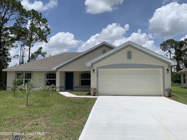139 Whirl St SW, Palm Bay, FL 32908 - ranch-style house with stucco siding, concrete driveway, an attached garage, and a front lawn