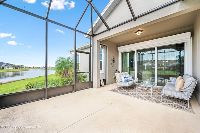 sunroom with a water view