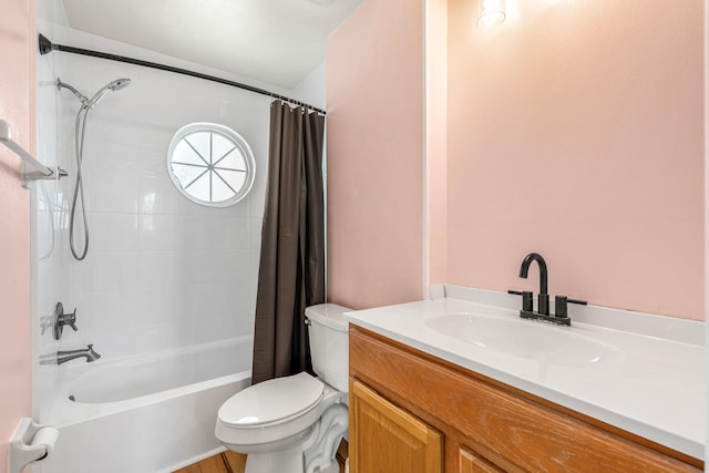 full bathroom with shower / bath combo, vanity, toilet, and wood-type flooring