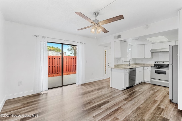 kitchen featuring white cabinets, sink, range with electric cooktop, light hardwood / wood-style flooring, and stainless steel dishwasher