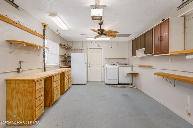 204 Queens Ct, Satellite Beach, FL 32937 - interior space featuring freestanding refrigerator, washing machine and dryer, open shelves, a textured ceiling, and ceiling fan