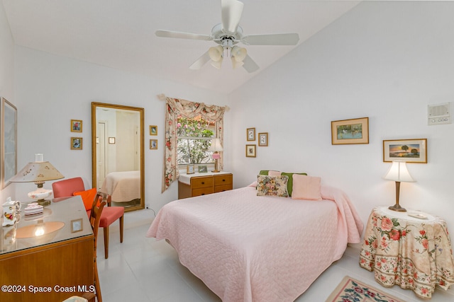 bedroom featuring light tile patterned flooring, ceiling fan, and lofted ceiling