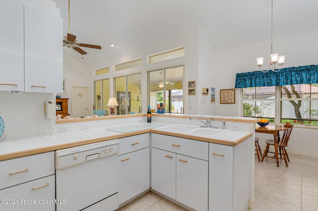 kitchen with dishwasher, kitchen peninsula, white cabinets, sink, and tasteful backsplash