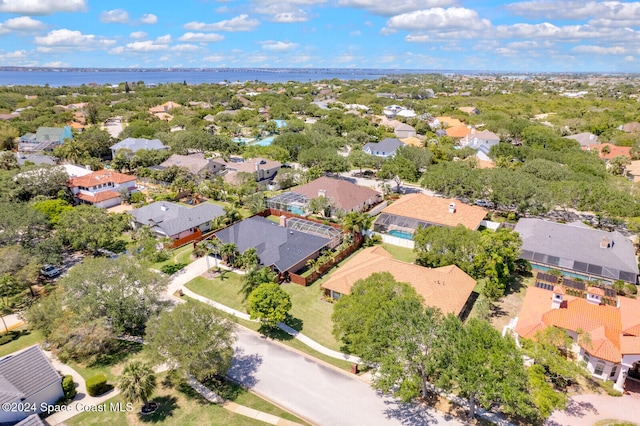 drone / aerial view featuring a water view