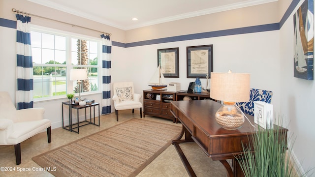 tiled home office featuring crown molding