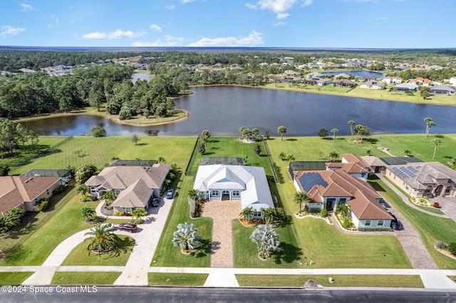 aerial view featuring a water view