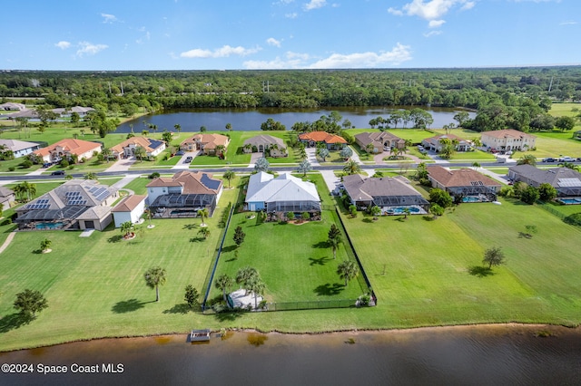 drone / aerial view with a water view