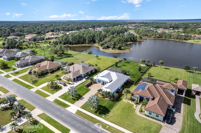 bird's eye view with a water view