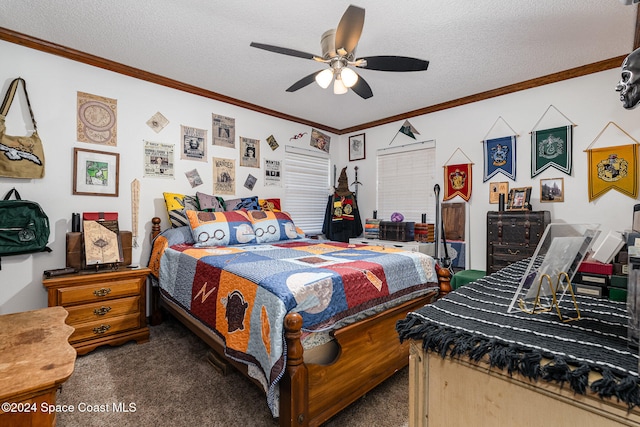 bedroom with dark colored carpet, a textured ceiling, ceiling fan, and ornamental molding