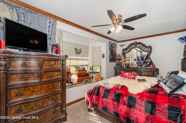 bedroom with light carpet, a textured ceiling, ceiling fan, and crown molding