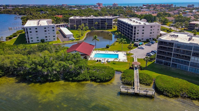 aerial view featuring a water view