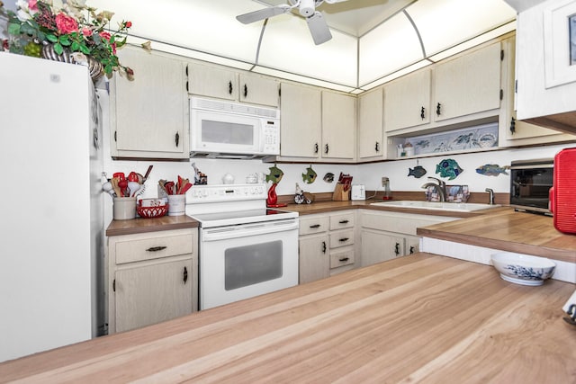 kitchen featuring ceiling fan, white appliances, wood counters, and sink