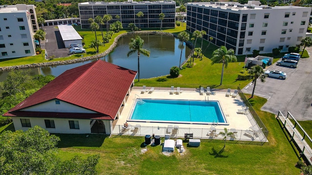 drone / aerial view with a water view