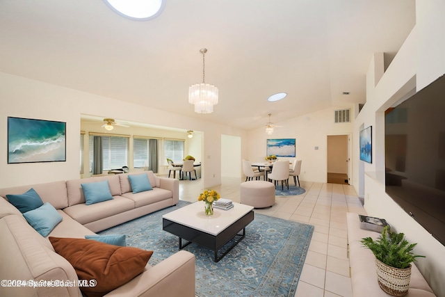 tiled living room featuring lofted ceiling and ceiling fan