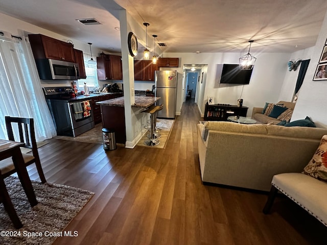 living room featuring dark wood-type flooring