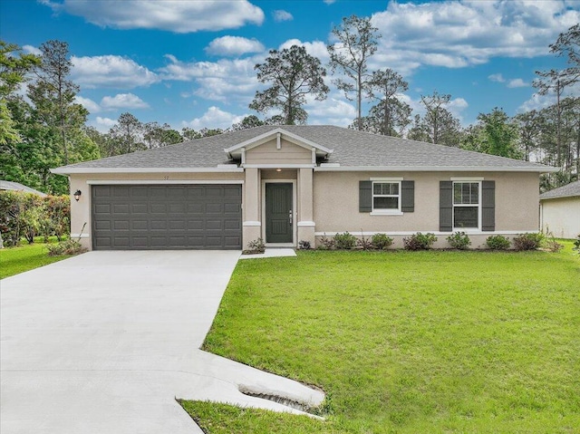 ranch-style house featuring a garage and a front lawn