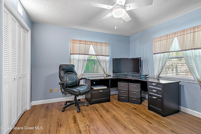 office area featuring plenty of natural light, light hardwood / wood-style floors, and a textured ceiling