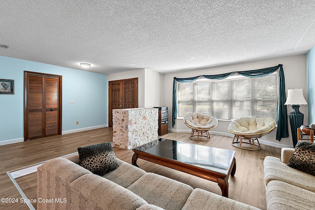 living room with a textured ceiling and light hardwood / wood-style flooring