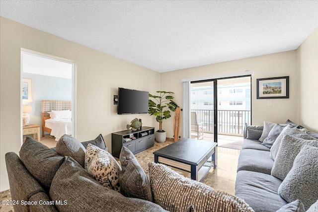 living room with a textured ceiling