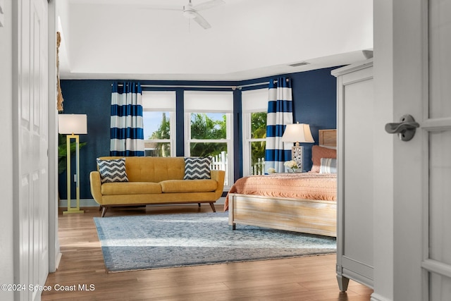 living room with ceiling fan and wood-type flooring