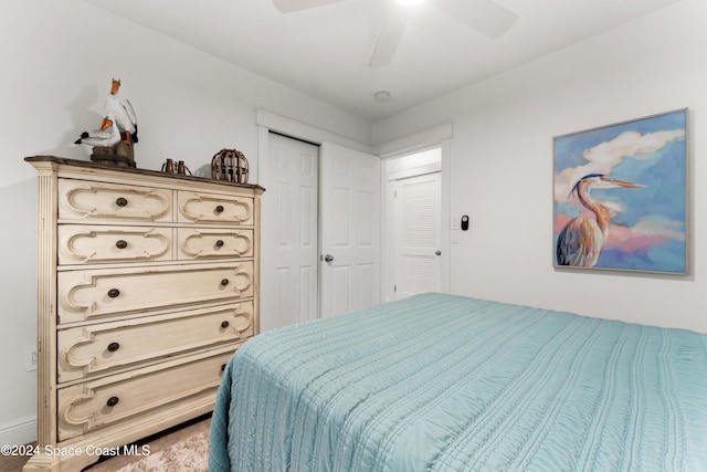 bedroom with ceiling fan and a closet