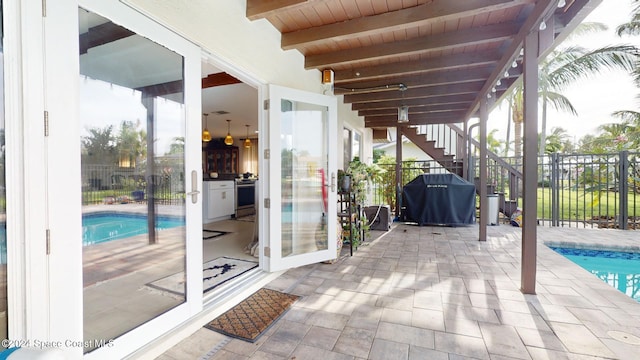 view of patio / terrace featuring a fenced in pool and a grill