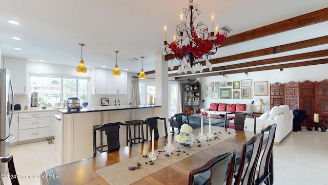 dining space with beam ceiling, light tile patterned floors, and a notable chandelier