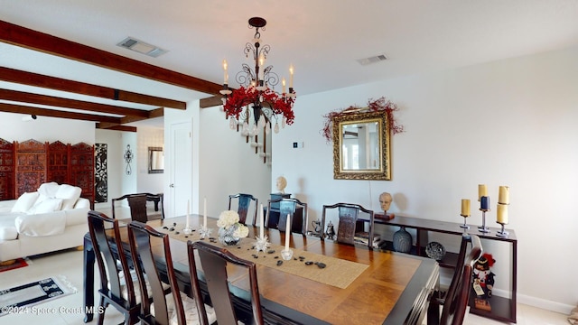 dining area with a chandelier and beam ceiling