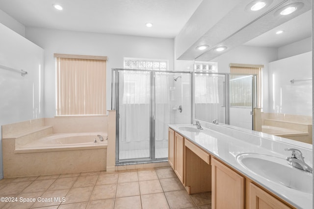 bathroom with vanity, tile patterned floors, and separate shower and tub