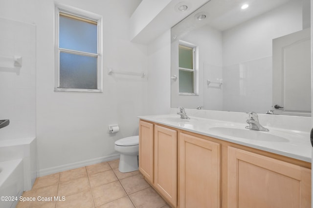 full bathroom featuring vanity, tile patterned flooring, toilet, and shower with separate bathtub