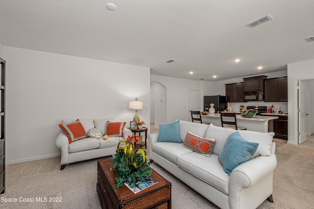 living room with light colored carpet and a textured ceiling