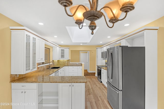 kitchen featuring white cabinets, sink, light wood-type flooring, appliances with stainless steel finishes, and kitchen peninsula