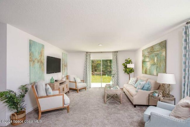 carpeted living room featuring a textured ceiling